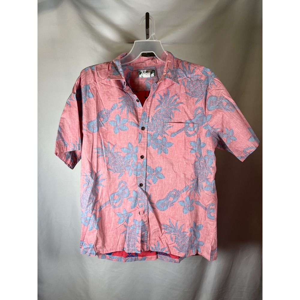 Two Palms Hawaiian Shirt Mens XL Pink Blue PineappleUkuleleCotton Made in Hawaii